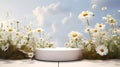 A minimalistic scene of white marble podium display with natural daisy flower.