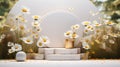 A minimalistic scene of white marble podium display with natural daisy flower.