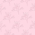 Minimalistic seamless branch foliage pattern. Botanic leaves ornament in stylized print in pink palette