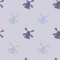 Minimalistic seamless building pattern with windmill ornament. Blue colored artwork. Royalty Free Stock Photo