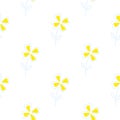 Minimalistic seamless floral pattern with yellow four-leaf clover elements. White isolated backdrop