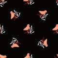 Minimalistic seamless pattern with contrast pink birds on branches shapes. Black background