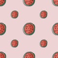 Minimalistic seamless pattern with doodle red watermelon half shapes. Lilac light background. Simple print