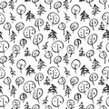 Minimalistic seamless pattern with hand drawn trees. Stylish modern pattern with doodled tree. Outlined sketchy