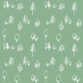 Minimalistic seamless pattern with hand drawn trees. Stylish modern pattern with doodled tree. Outlined sketchy