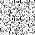 Minimalistic seamless pattern with hand drawn trees. Stylish modern pattern with doodled tree. Outlined sketchy