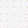 Minimalistic seamless pattern with litle maroon hourglass ornament. Light grey background. Time backdrop