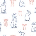 Minimalistic seamless pattern with rabbits and bows