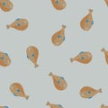 Minimalistic seamless pattern with random brown puffer fish silhouettes print. Pastel blue background