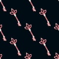 Minimalistic seamless pattern with vintage pink tones key ornament. Simple stylized victorian elements on black background