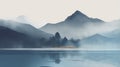 Minimalistic Serenity: A Moody Digital Image Of Water, Mountains, Trees, And Fog