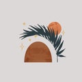 Minimalistic simple art in esoteric boho style. Tropical leaf and watercolor geometric shapes background
