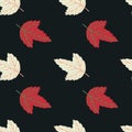 Minimalistic simple nature seamless pattern with light yellow and red leaves. Dark background Royalty Free Stock Photo