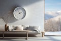 Minimalistic simple wall clock in modern living room. Snow covered landscape outside. Transition to winter time Royalty Free Stock Photo