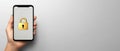 Minimalistic smartphone with a glowing golden padlock on a white background, emphasizing data security, privacy, and a clean mo