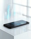 Minimalistic smartphone on a white surface showcasing futuristic data visualization and digital holographic graphics