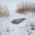 Minimalistic snowy winter natural background. Frozen ice hole