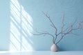 Minimalistic Soft Light Blue Background With Light Shadows From Tree Branches On The Wall. Generative AI