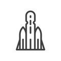 Minimalistic spaceship icon. A simple linear image of a rocket for placing equipment in near-earth orbit. Isolated