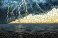 Minimalistic stained glass illustration of dramatic lightning over ocean scene Royalty Free Stock Photo
