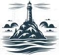 minimalistic stencil illustration of a lighthouse standing on a rock among the waves Royalty Free Stock Photo