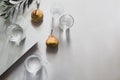 Minimalistic still life of pears and glasses of water top view. Summer composition light and shadow Royalty Free Stock Photo