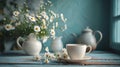 Minimalistic Still Life with Tea Cup, Milk, Flowers, and Teapot AI Generated