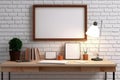 Minimalistic style interior design of working area, white brick wall, picture frame