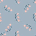 Minimalistic style seamless pattern with cure pink bell flowers ornament. Pastel blue background