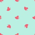 Minimalistic style seamless pattern with doodle pink simple frog silhouettes. Light blue background