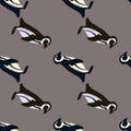 Minimalistic style seamless pattern with wild animals penguin print. Grey background. Doodle print