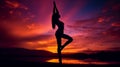 Woman doing yoga beautiful natural sunset background, yoga silhouette. Ai generated