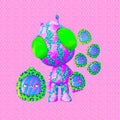 Minimalistic stylized collage art. 3d render Funny alien and tamagotchi friend. Colorfull cosmic vibes