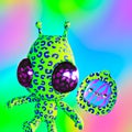 Minimalistic stylized collage art. 3d render Funny alien and tamagotchi friend. Colorfull animal trendy print cosmic vibes