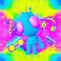 Minimalistic stylized collage art. 3d render Funny aliens cosmic Colorfull party space. Dj music vibes