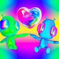 Minimalistic stylized collage art. 3d render Funny aliens love .friendship rainbow concept