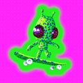 Minimalistic stylized collage art. 3d render Funny aliens skateboard man. Youth, teens culture concept