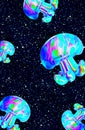 Minimalistic stylized collage wallpaper. 3d creative holography jelly fish in cosmic space Royalty Free Stock Photo
