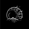 Minimalistic sunrise round logo, sun rays landscape silhouette white icon on black background, countryside monochrome Royalty Free Stock Photo