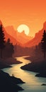 Minimalistic Sunset Landscape Wallpaper With River, Forest, And Mountains Royalty Free Stock Photo