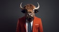 Minimalistic Surrealism: Fashion Portrait Of A Buffalo In An Orange Tie