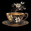 Minimalistic tea cup with floral patterns on black background Royalty Free Stock Photo