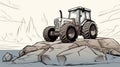 Minimalistic Tractor On Rocks: Dynamic Line Work Concept Art