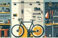 minimalistic vector style bicycle repair shop with a bike being serviced and basic tools hanging on the wall