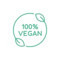 Minimalistic 100% vegan logo, sign or stamp. Linear 100% vegan food symbol inside circle with leaves. Royalty Free Stock Photo