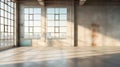 Minimalistic warehouse interior with window and blank cement wall. Industrial and exhibition concept