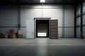 Minimalistic Warehouse, Open gate inside warehouse. Generative Ai