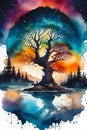 minimalistic water colored ink splash scenery of forest river tree animals centered symmetry generated by ai