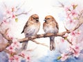 Minimalistic Watercolor Illustration of Funny Sparrow Chicks in a Garden Surrounded by Pink Apples AI Generated