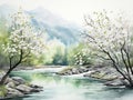 Minimalistic Watercolor Illustration of a Mountain Dogwood Flowering over the Merced River in Yosemite, CA AI Generated